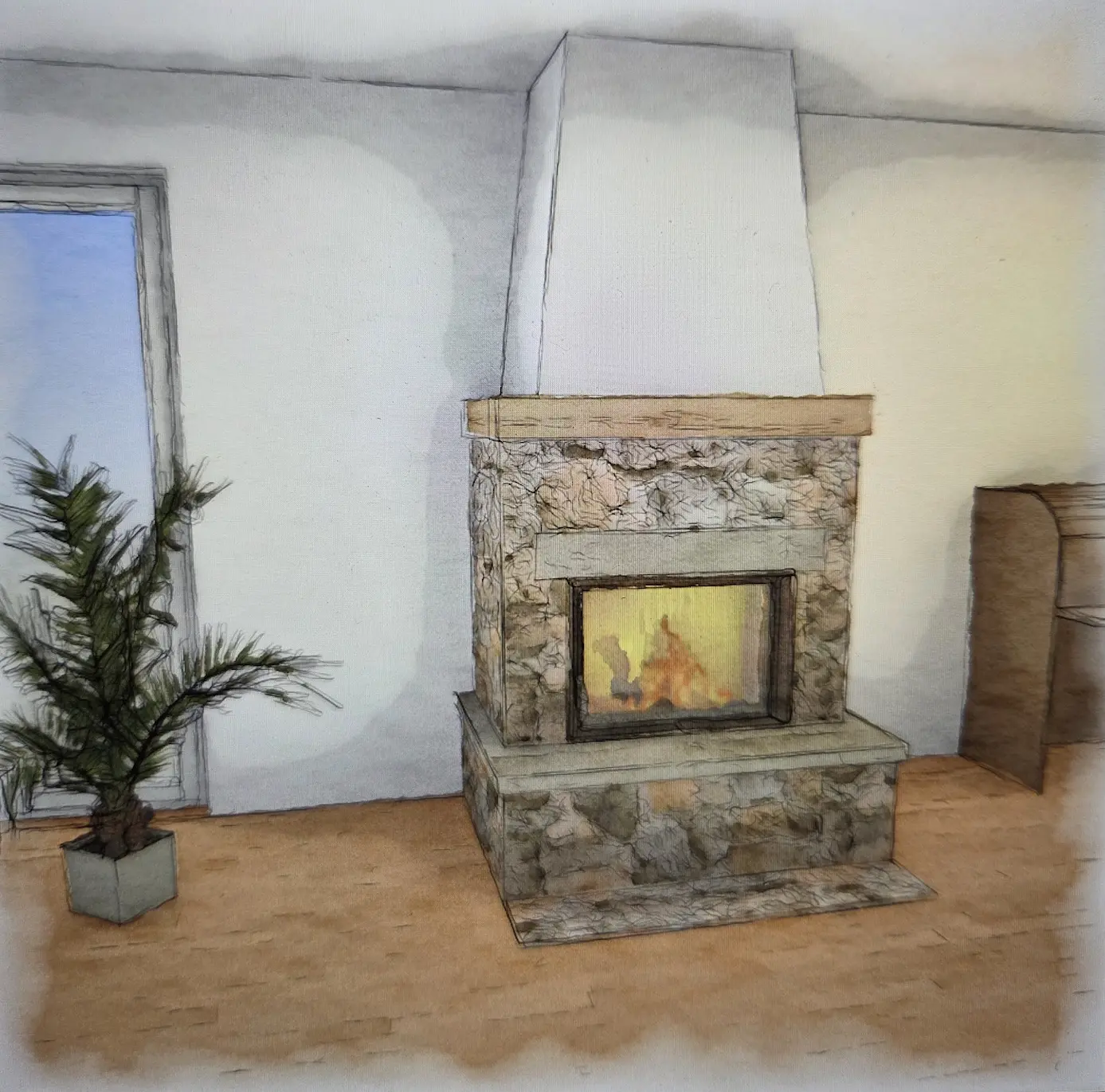 KI-generiertes Bild als Gestaltungsvorlage für eine Kaminanlage mit Steinverkleidung und Holzbalken